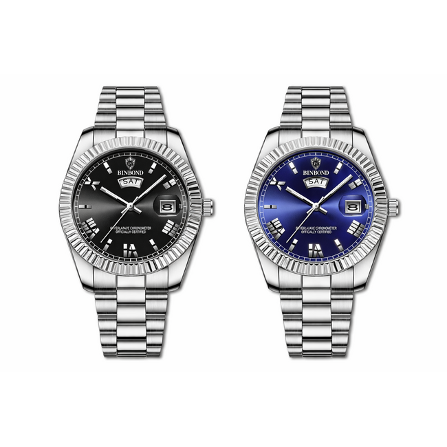 Binbond Luxe Herenhorloge Zilver (Zwart/Blauw)
