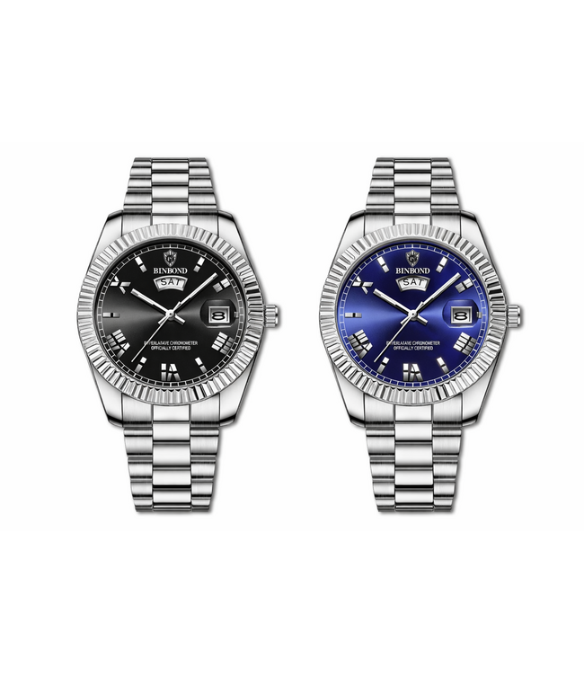 Binbond Luxe Herenhorloge Zilver (Zwart/Blauw)