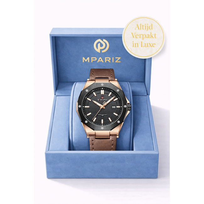 Naviforce Bastion – herenhorloge met roségouden kast, zwarte wijzerplaat en bruine leren band