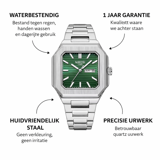 Nibosi Herenhorloges Zilver (Groen/Zwart)