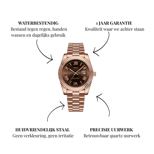 Nibosi Choco - heren/dames horloge met stalen band en klassiek design