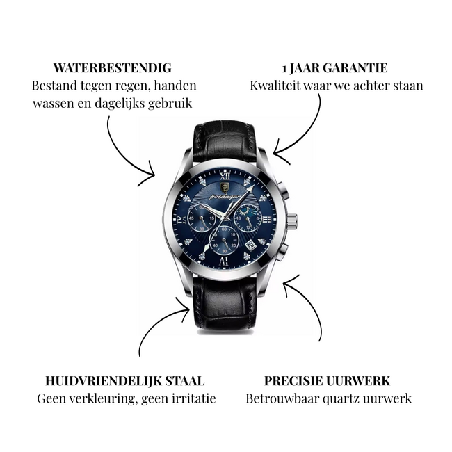Poedagar Nocturne – herenhorloge met leren band en chronograaf design