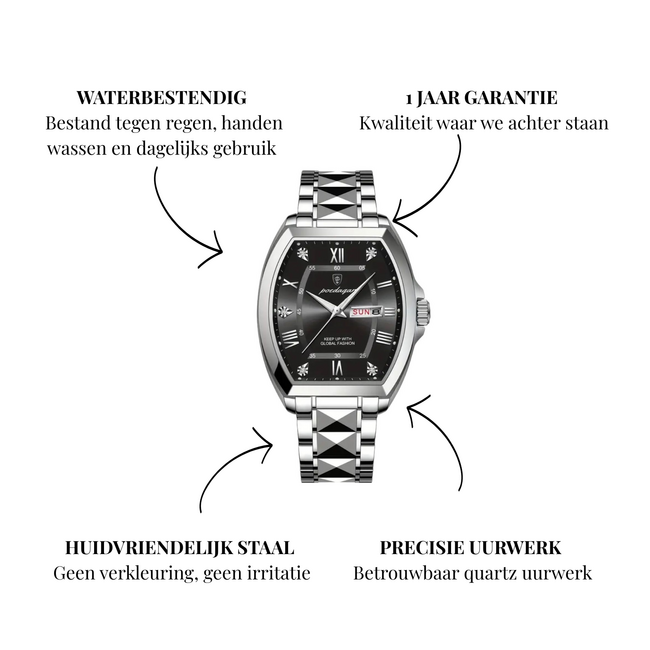 Poedagar Noiré – herenhorloge met stalen band en modern design