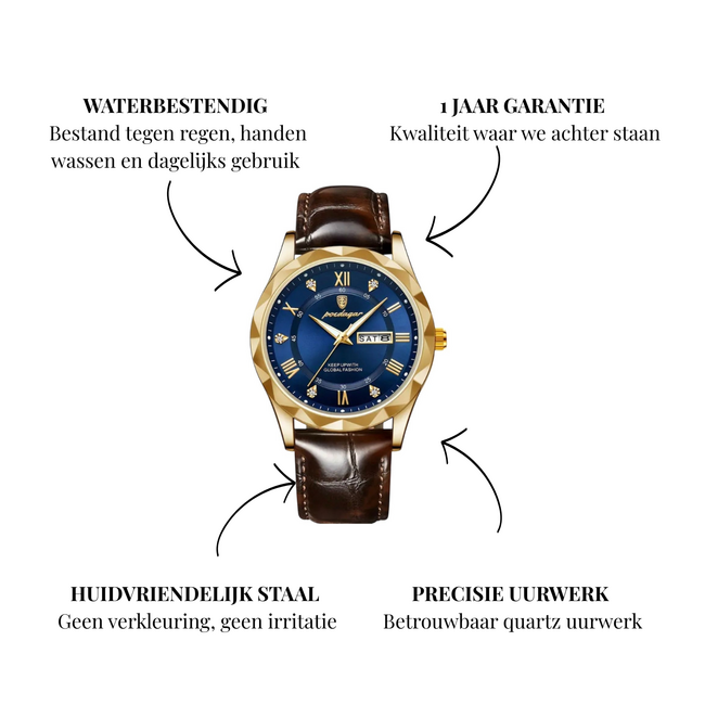 Poedagar Royale Bleu – herenhorloge met leren band en klassiek design