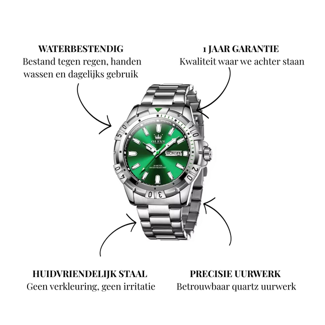 Olevs Luxe Herenhorloge Zilver (Groen/Blauw)