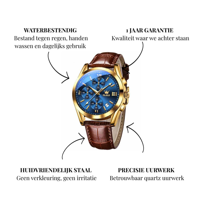 Olevs Luxe Herenhorloge Goud (Blauw/Zwart/Wit)