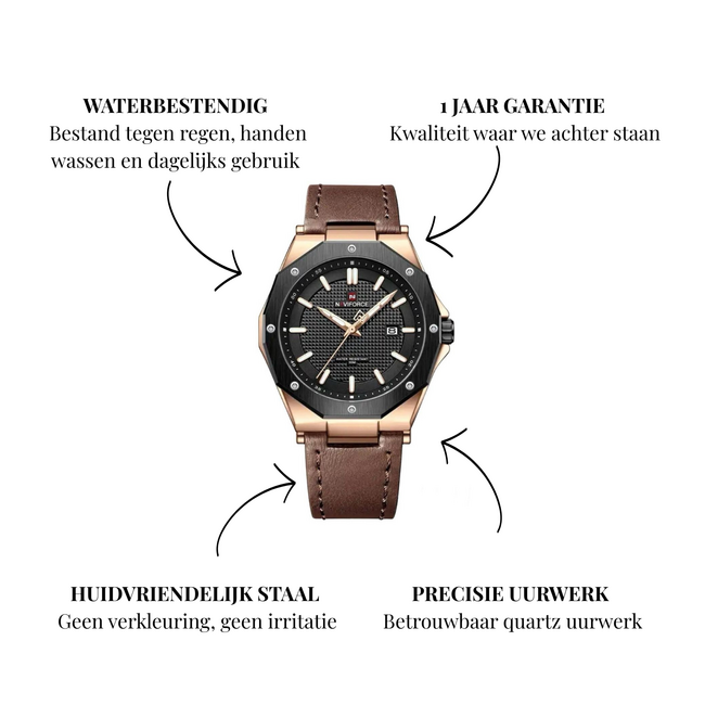 Naviforce Bastion – herenhorloge met roségouden kast, zwarte wijzerplaat en bruine leren band