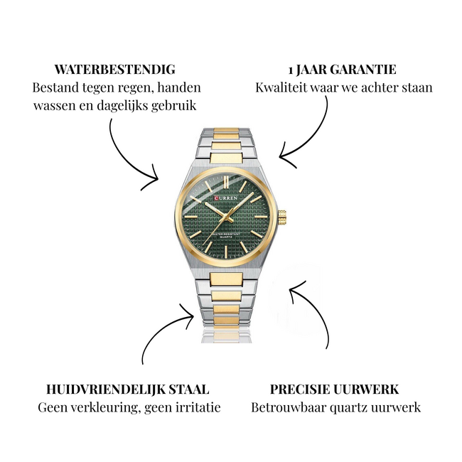 Curren Luxe Herenhorloge Zilver Goud (Groen/Wit)