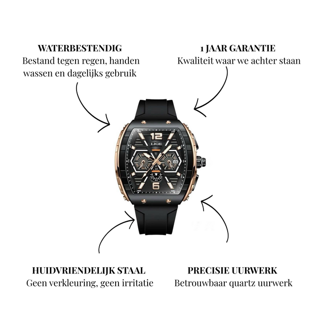 Lige Xyron – herenhorloge met tonneau kast, chronograaf design en sportieve siliconen band