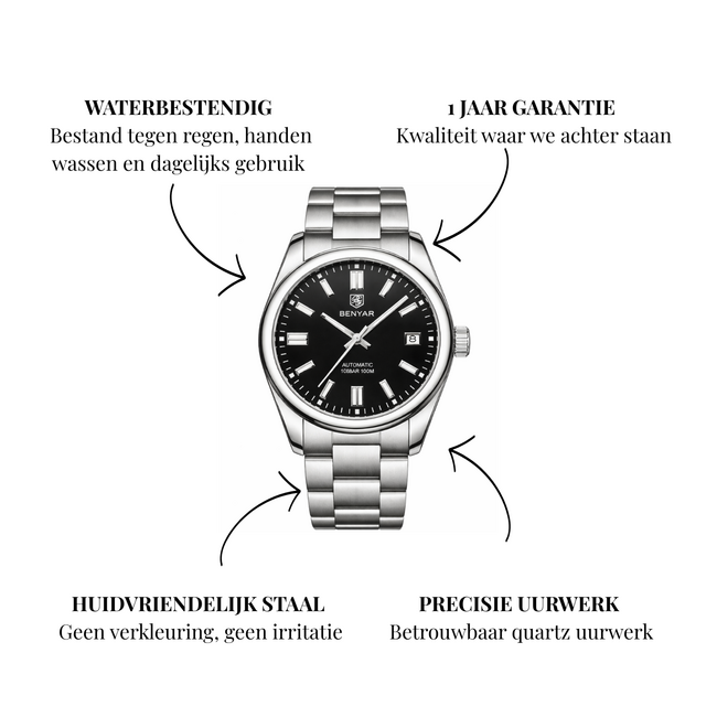 Benyar Luxe Herenhorloge  Zilver &  Zwart - Mechanisch