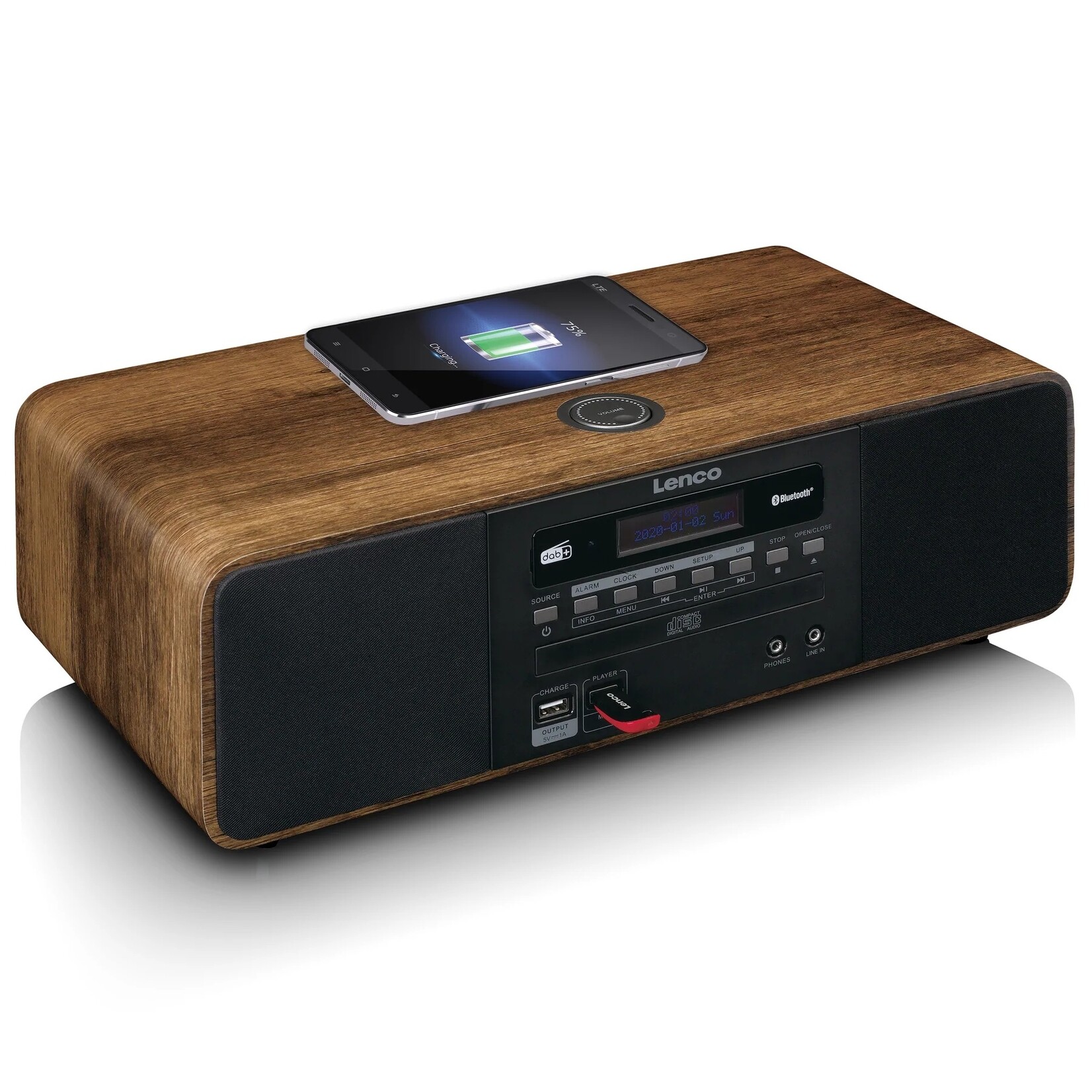 Lenco Stereo FM en DAB+ Radio met Bluetooth, Afstandsbediening en Draadloos Opladen