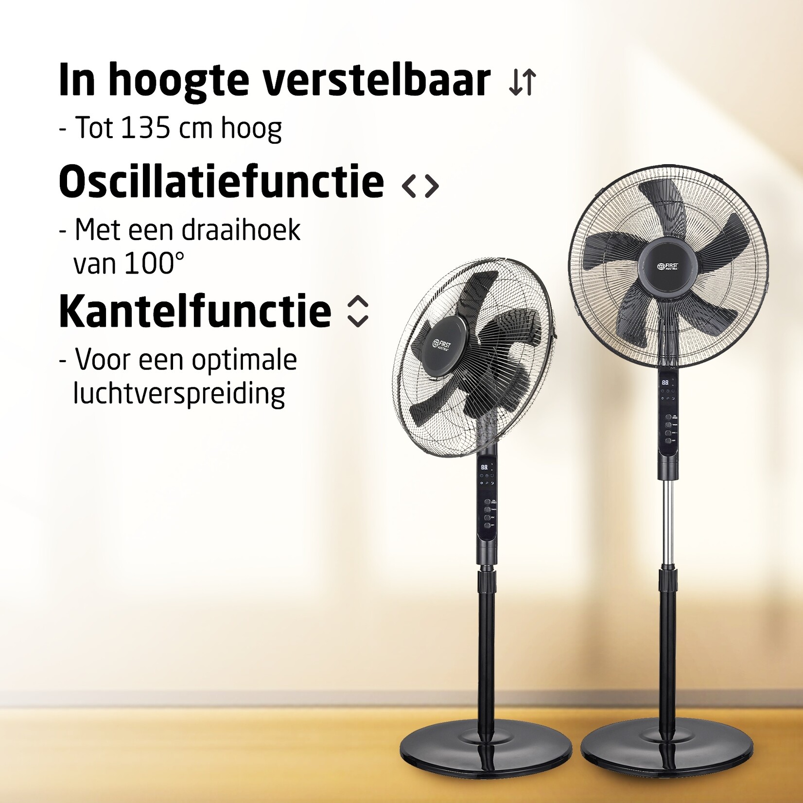 TZS First Austria Staande Ventilator met Swingfunctie - Stille Statiefventilator