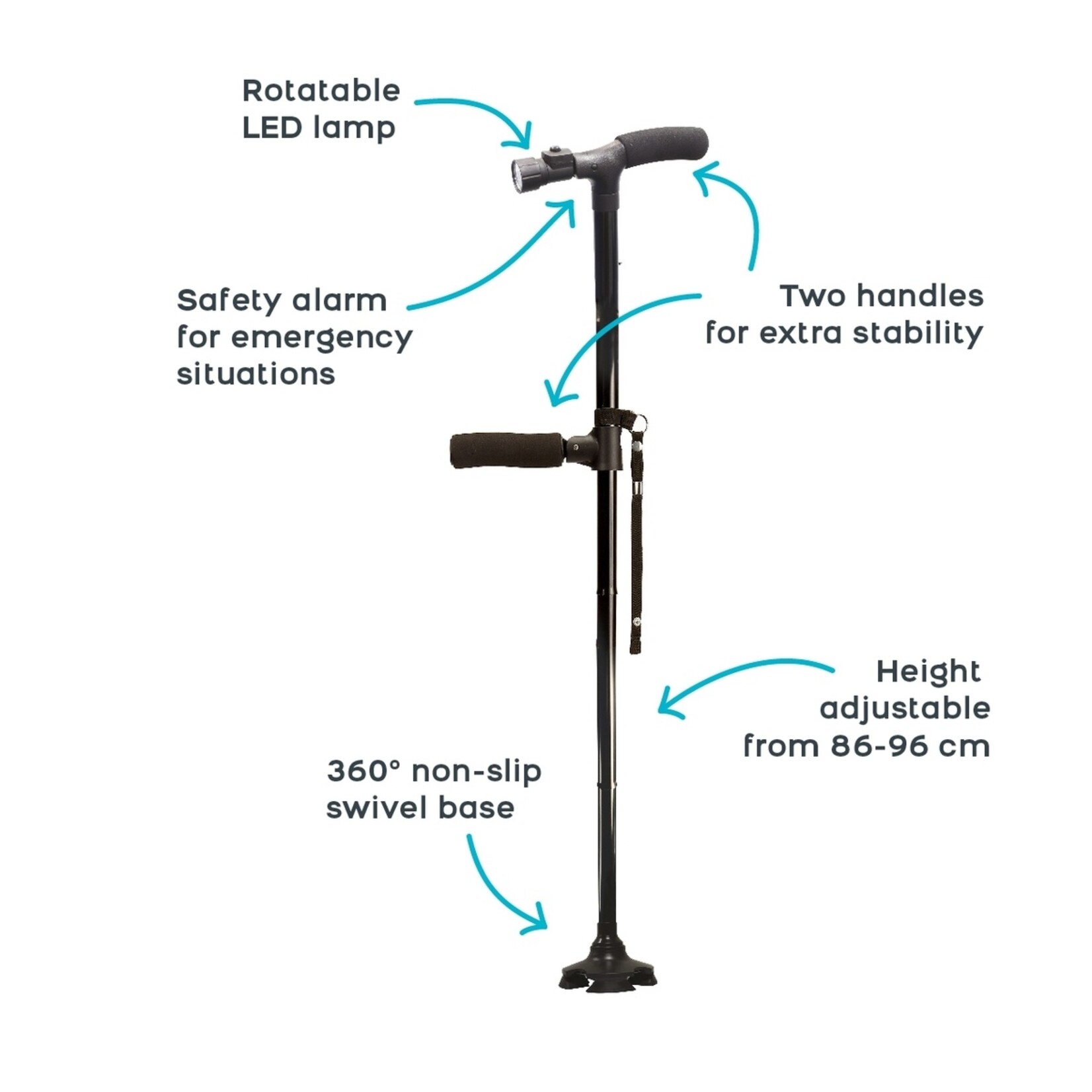 Orange Planet Wandelstok met Alarm, LED-lamp en Dubbele Handgreep - Opvouwbaar