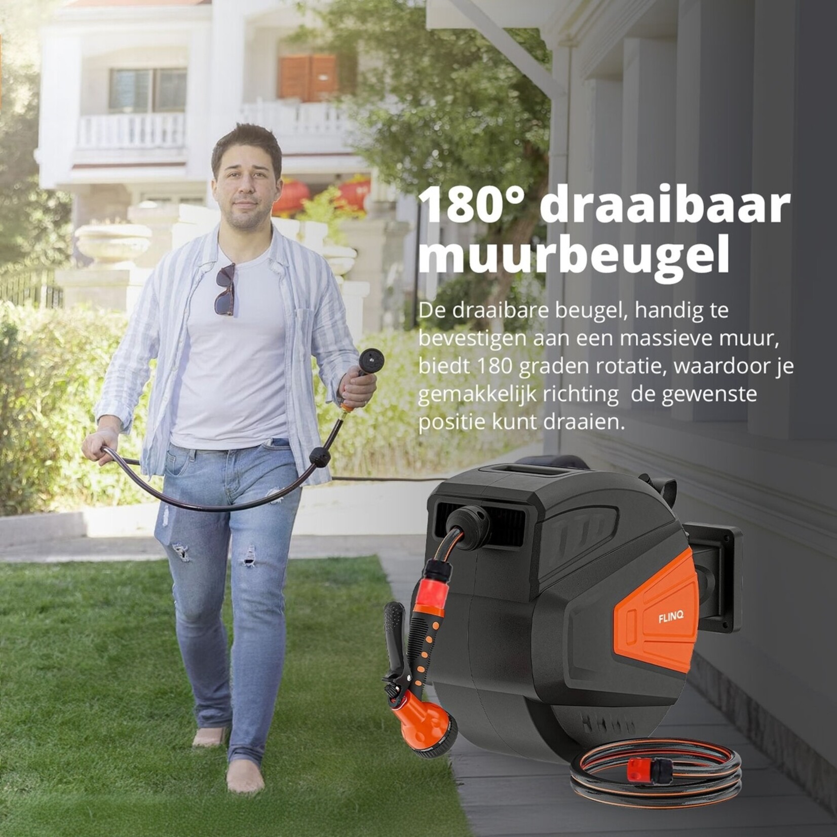 FlinQ Automatische Tuinslanghaspel met 9 Sproeistanden - 180° Draaibaar