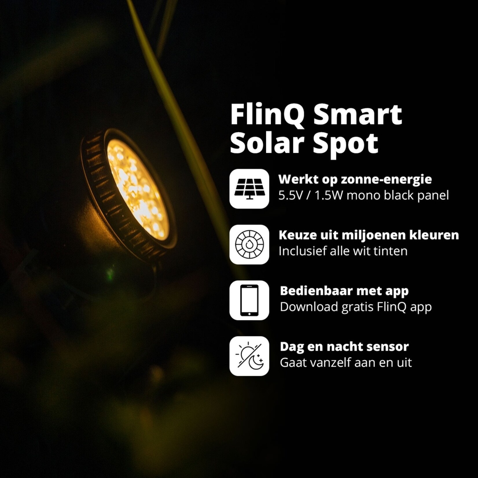 FlinQ Slimme Buitenlamp op Zonne-energie – Smart Outdoor Solar Spot – IPX5 Waterdicht