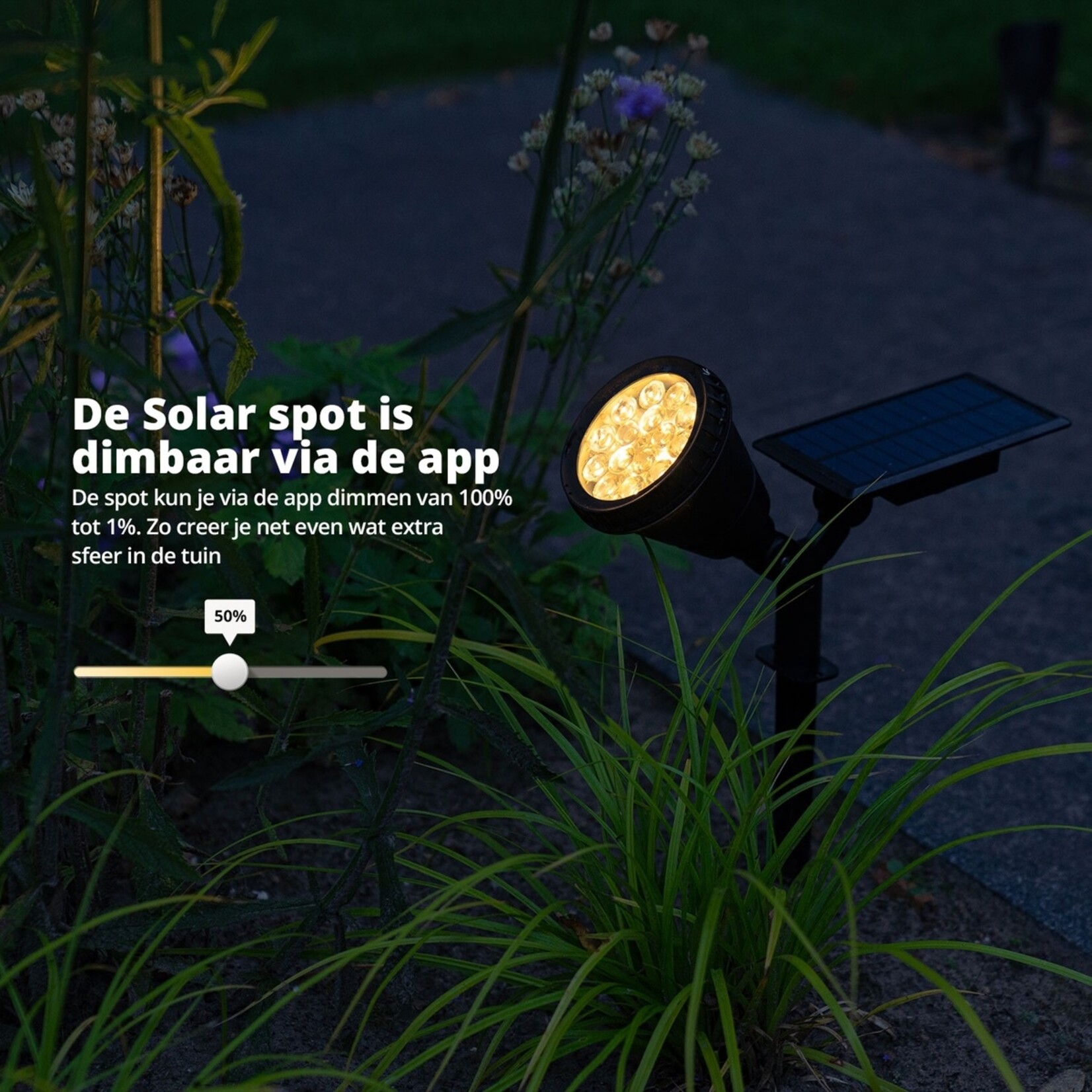 FlinQ Slimme Buitenlamp op Zonne-energie – Smart Outdoor Solar Spot – IPX5 Waterdicht