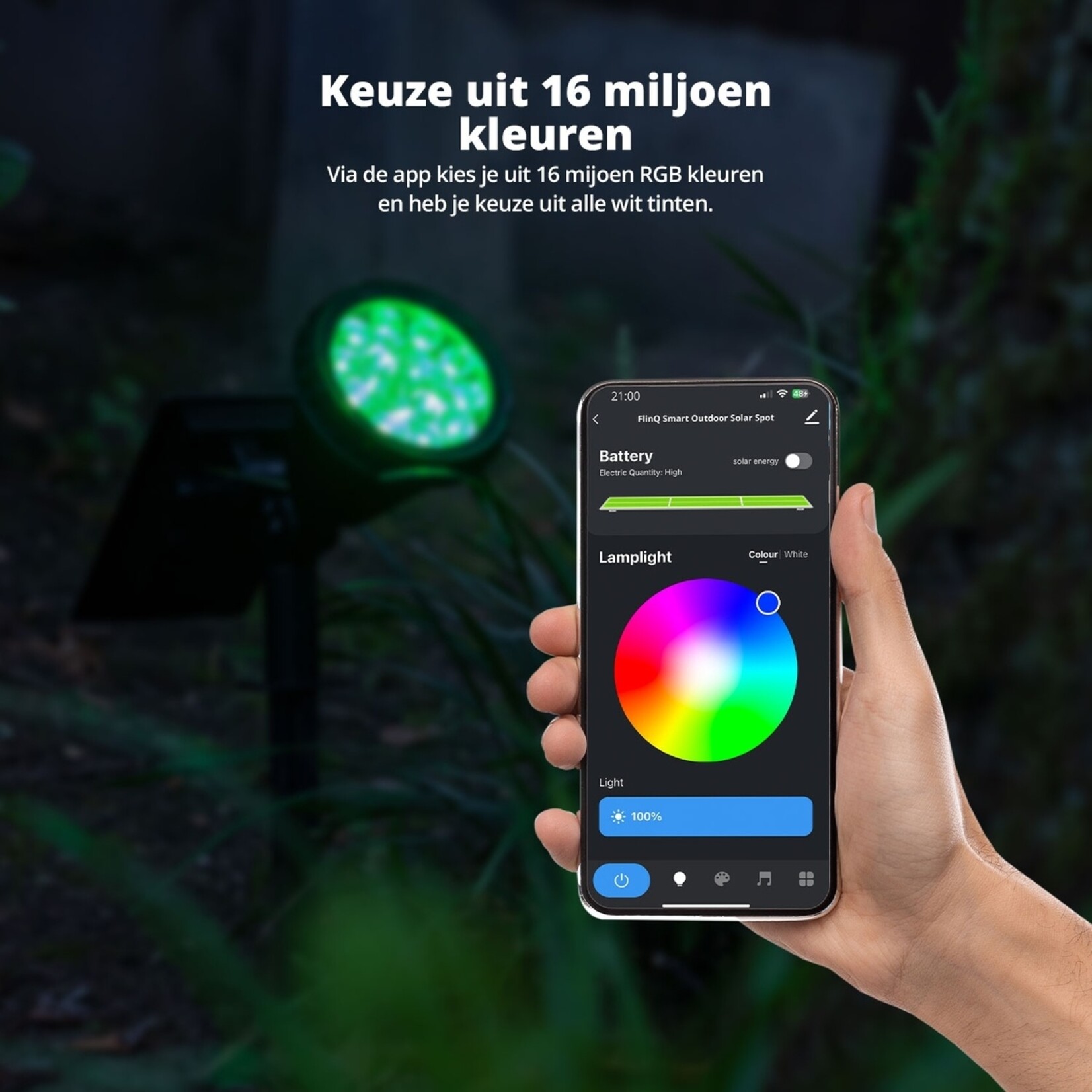 FlinQ Slimme Buitenlamp op Zonne-energie – Smart Outdoor Solar Spot – IPX5 Waterdicht