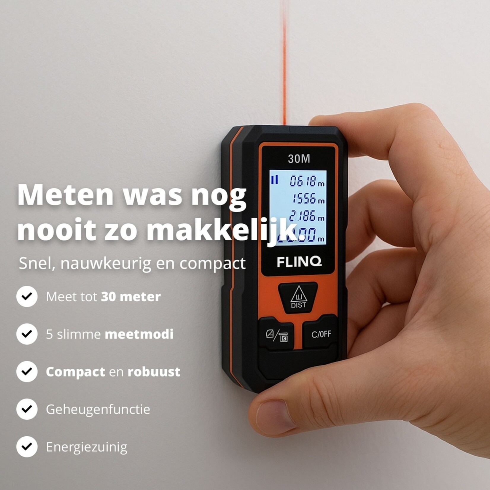 FlinQ Digitale Afstandsmeter tot 30 Meter - 5 Meetmodi