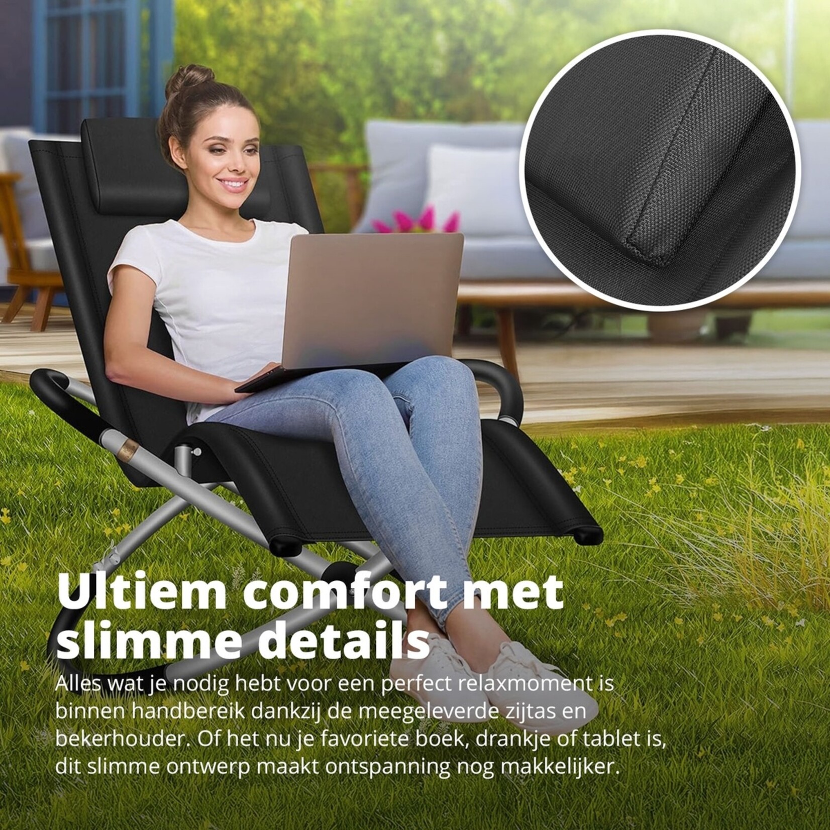 FlinQ Opvouwbare Ligstoel voor Buiten – Luxe Tuinstoel met Schommelfunctie – Zwart