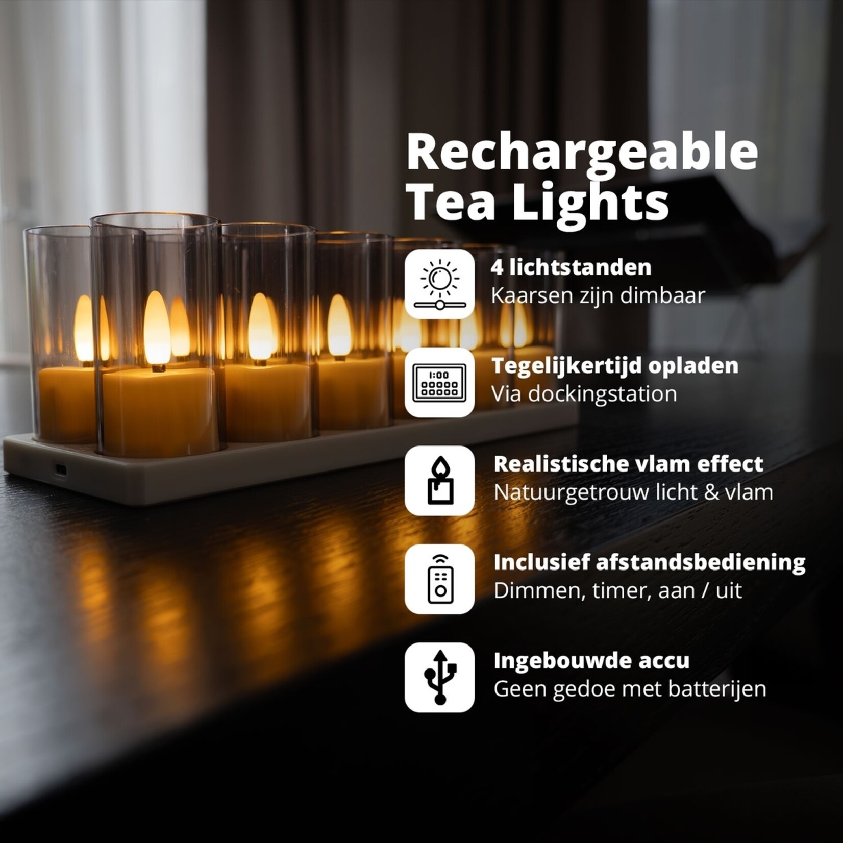 FlinQ Oplaadbare LED Theelichtjes met Dimfunctie - Waxinelichtjes - 4 Lichtstanden en Timer