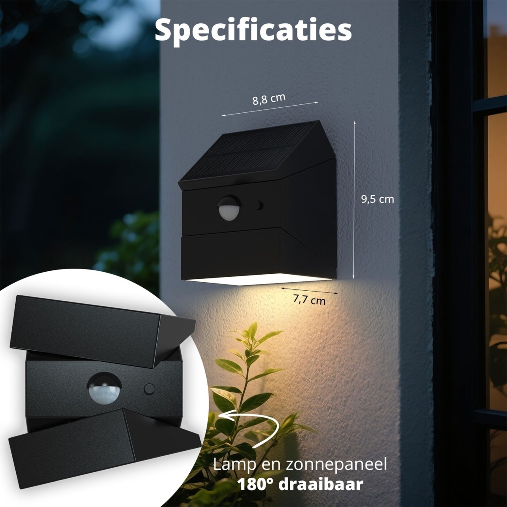 FlinQ Draaibare Solar Wandlamp voor Buiten op Zonne-energie met Sensor