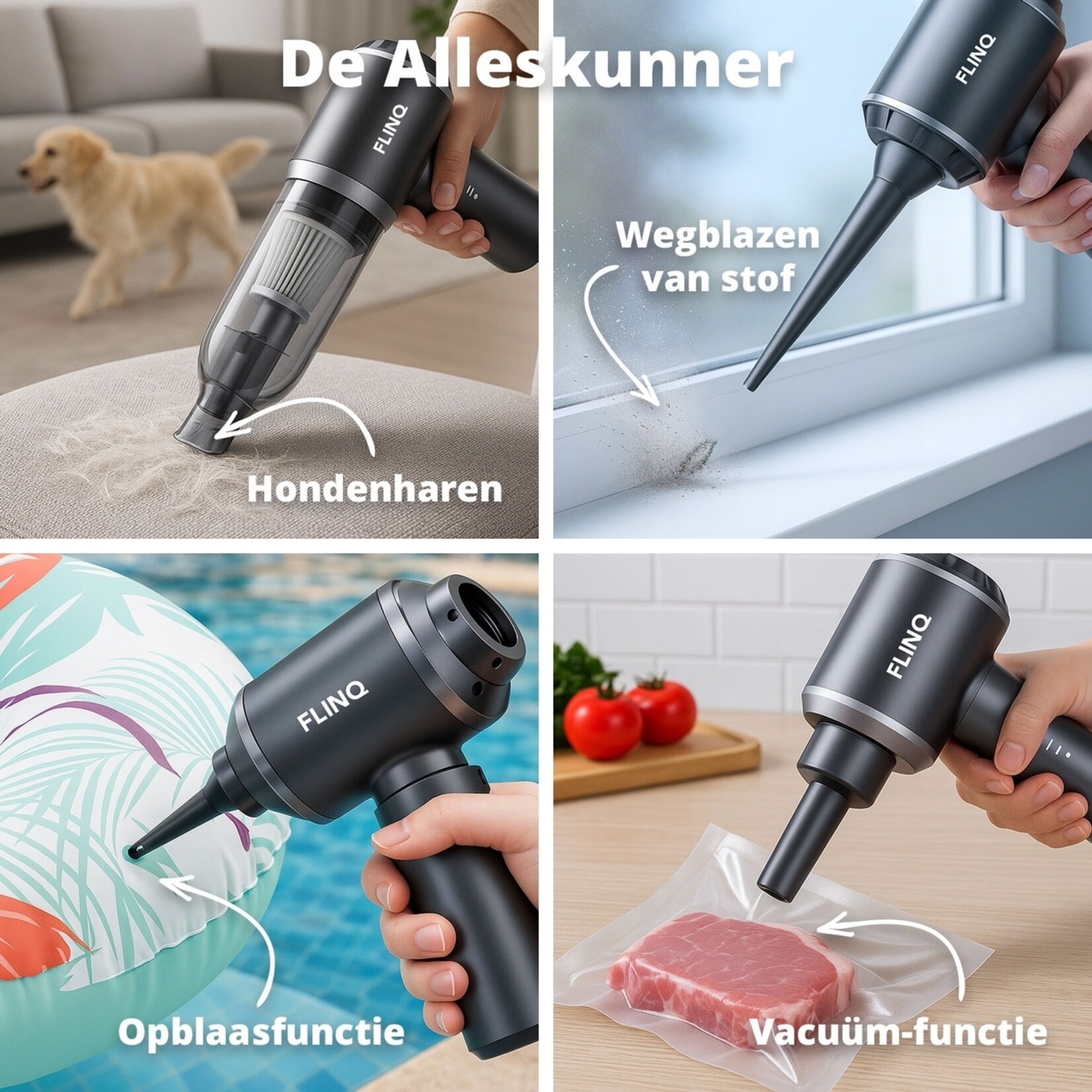 FlinQ 3-in-1 Handstofzuiger met Blaasfunctie – Kruimelzuiger met Opzetstukken