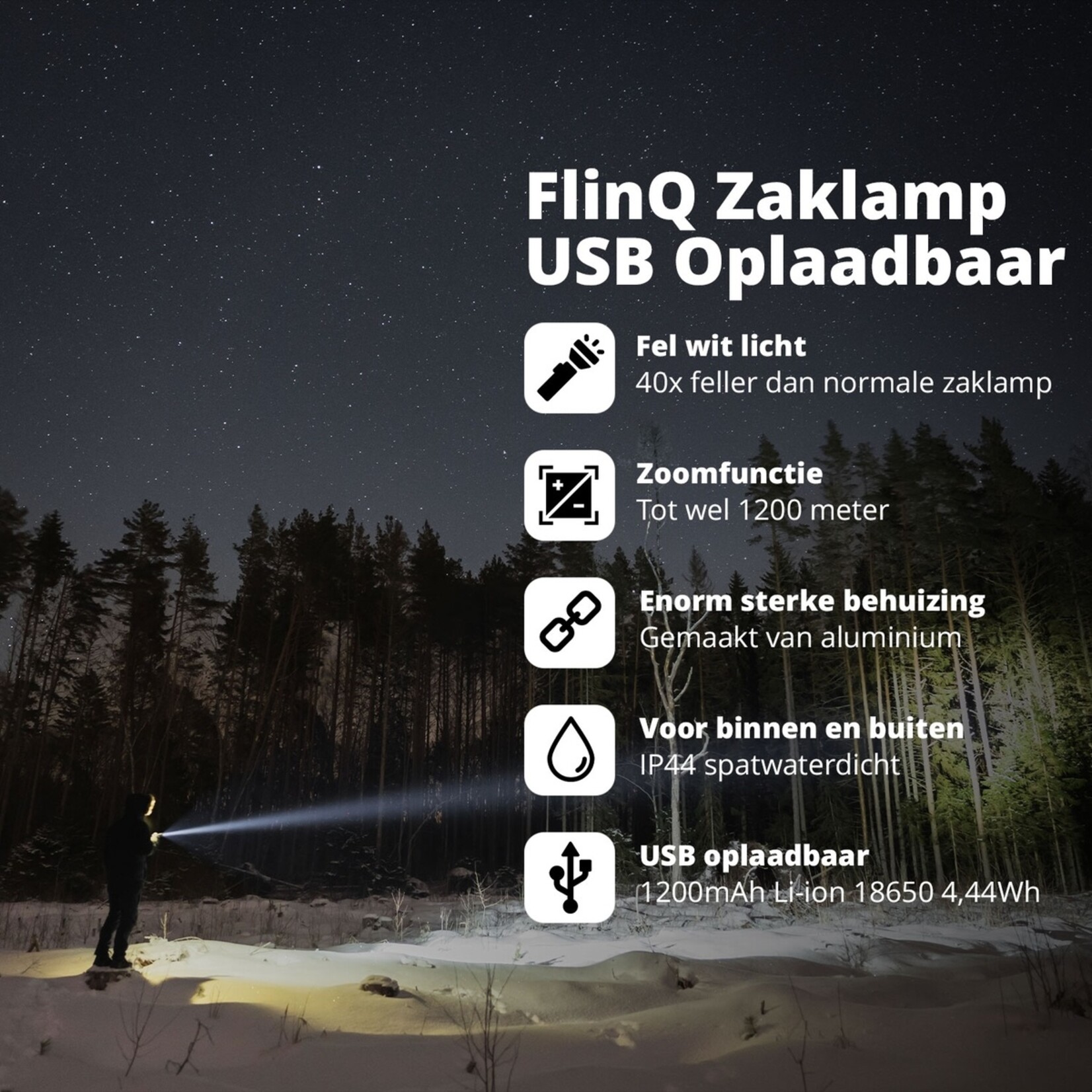 FlinQ Oplaadbare LED Zaklamp met Zoomfunctie tot 1200 Meter - 3 Modi