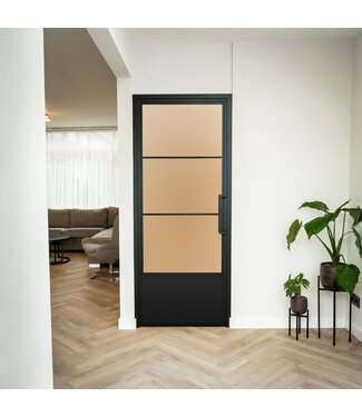 Stalen Binnendeur - Zwart - 3 Vlaks met kickplate - Mat glas