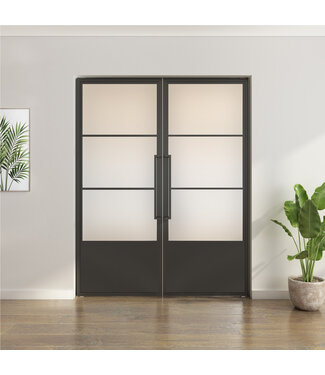 Dubbele stalen taatsdeur - Zwart - 3 Vlaks met kickplate  - Mat glas