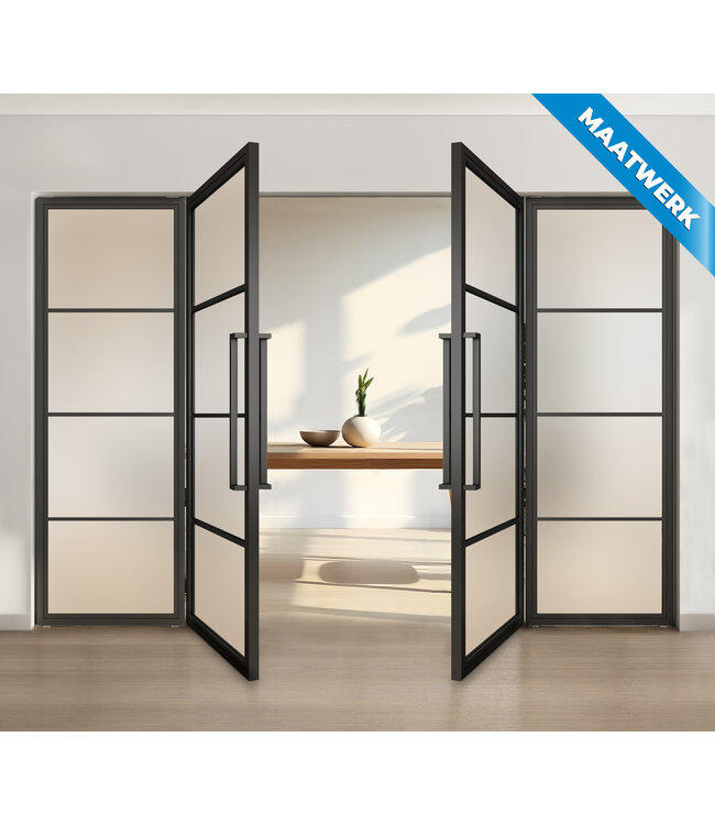 Dubbele stalen taatsdeur met glaspaneel, Zwart - 4 vlaks, rook glas