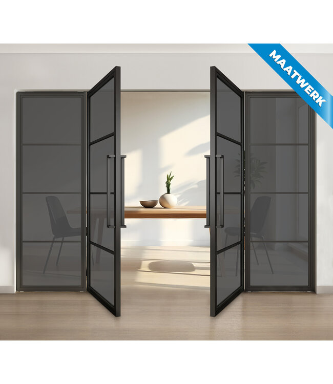Dubbele stalen taatsdeur met glaspaneel, Zwart - 4 vlaks, rook glas