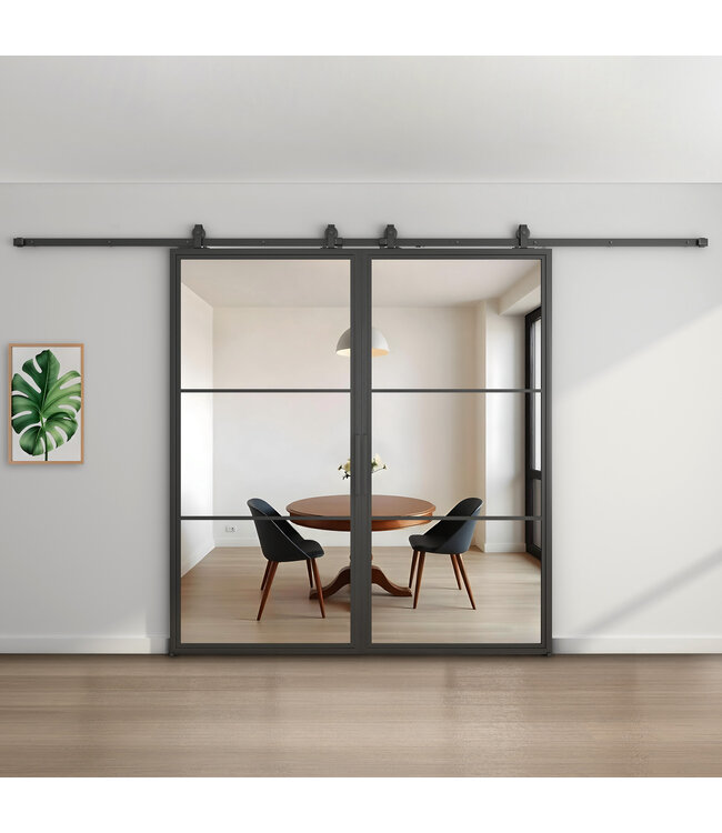 Dubbele stalen schuifdeur - Zwart - 3 Vlaks - Mat glas
