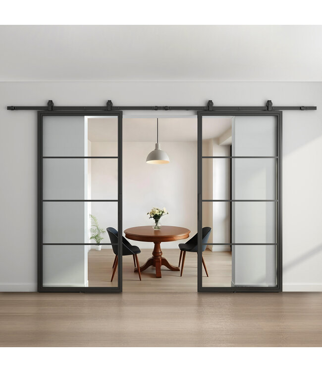 Dubbele stalen schuifdeur - Zwart - 4 Vlaks - Helder glas