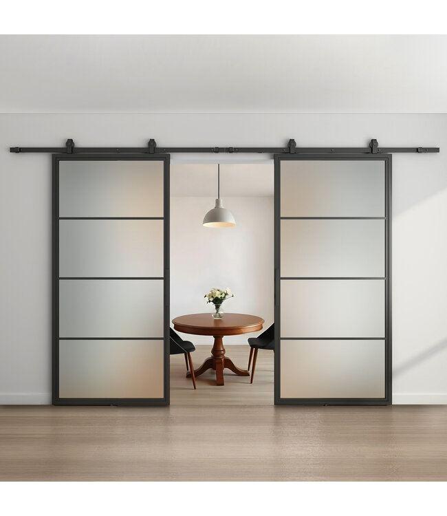 Dubbele stalen schuifdeur - 4 Vlaks - Mat glas