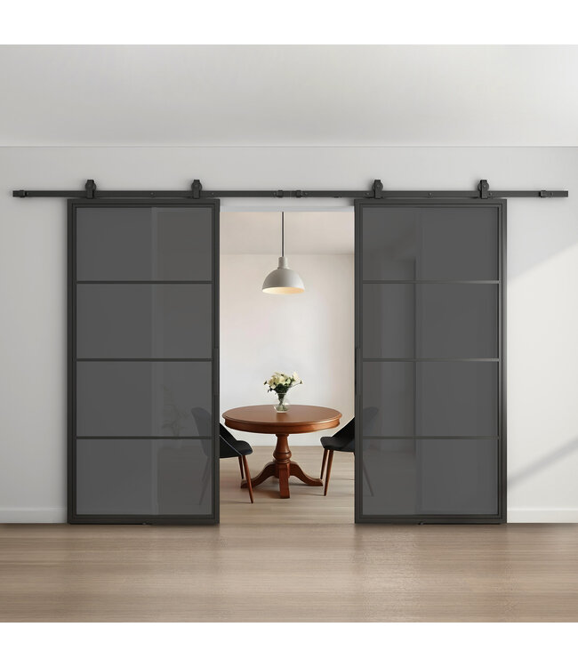 Dubbele stalen schuifdeur - Zwart - 4 Vlaks - Mat glas