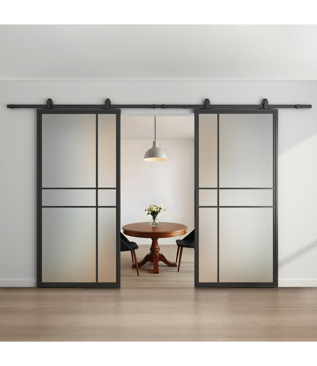 Dubbele stalen schuifdeur - 6 Vlaks - Mat glas - Luxe design
