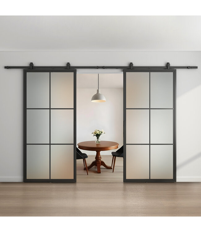 Dubbele stalen schuifdeur - 6 Vlaks - Mat glas