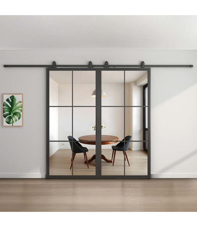 Dubbele stalen schuifdeur - Zwart - 6 Vlaks - Rook glas