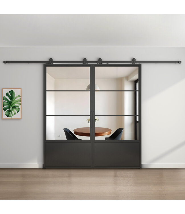 Dubbele stalen schuifdeur - 3 Vlaks met kickplate - Helder glas - Moderne look