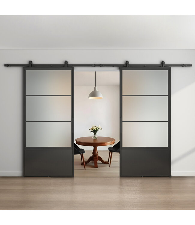Dubbele stalen schuifdeur - 3 Vlaks met kickplate - Helder glas - Moderne look