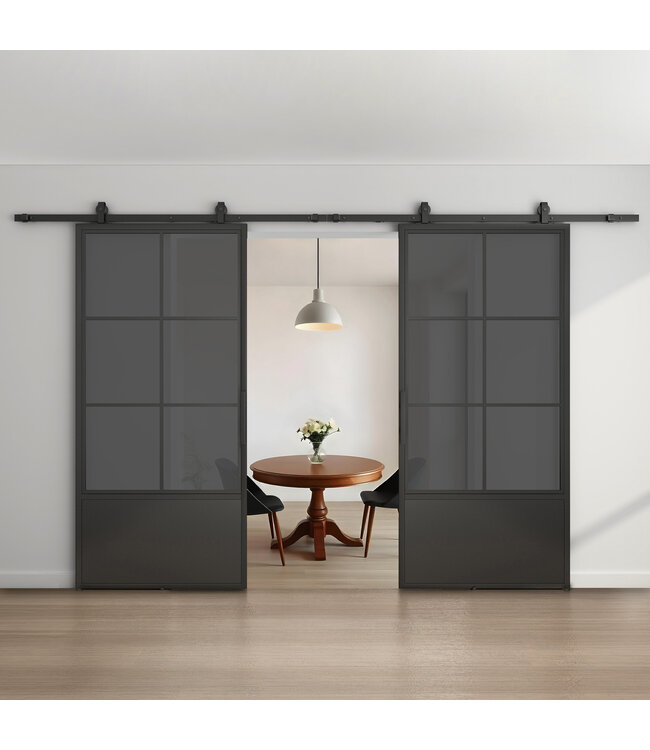 Dubbele stalen schuifdeur - 6 Vlaks met kickplate - Helder glas - Moderne look - Copy