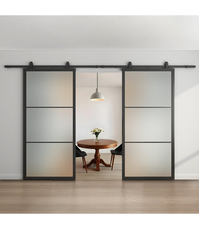 Dubbele stalen schuifdeur - Zwart - 3 Vlaks - Mat glas *