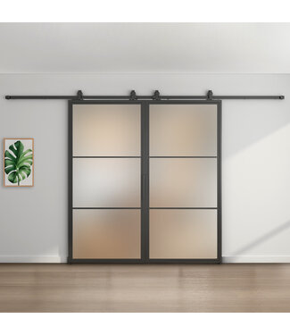 Dubbele stalen schuifdeur - Zwart - 3 Vlaks - Mat glas *