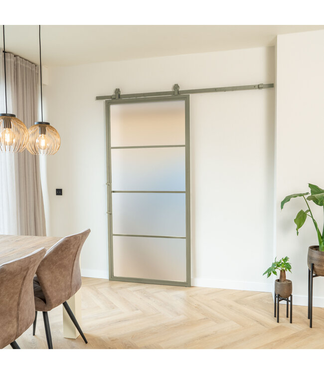 Stalen Schuifdeur - 4 Vlaks - Olijfgroen - Rook glas