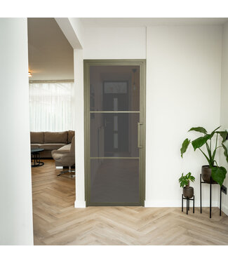 Stalen Binnendeur - Olijfgroen - 3 Vlaks - Rook glas Stalen Binnendeur - Olijfgroen - 3 Vlaks - Rook glas