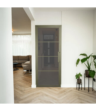 Stalen Binnendeur - Olijfgroen - 4 Vlaks - Rook glas Stalen Binnendeur - Olijfgroen - 4 Vlaks - Rook glas
