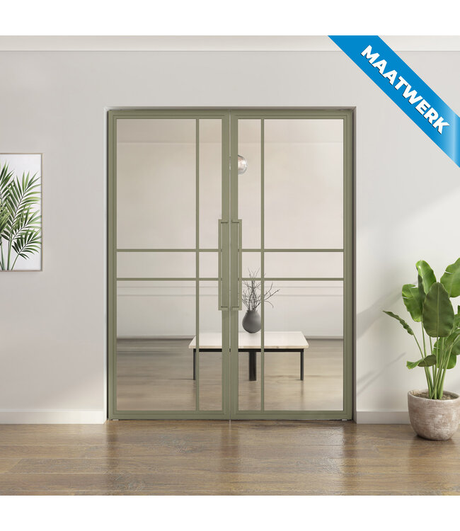 Dubbele stalen taatsdeur - Maatwerk - Olijfgroen - 6 Vlaks - Mat glas - Luxe design