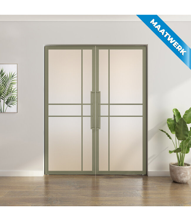 Dubbele stalen taatsdeur - Maatwerk - Olijfgroen - 6 Vlaks - Mat glas - Luxe design