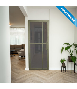 Stalen Binnendeur - 6 Vlaks - Olijfgroen - Maatwerk - Rook glas Stalen Binnendeur - 6 Vlaks - Olijfgroen - Maatwerk - Rook glas