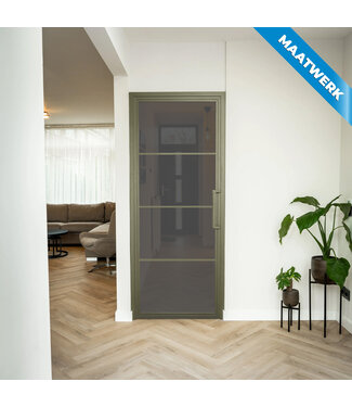 Stalen Binnendeur - 4 Vlaks - Olijfgroen - Maatwerk - Rook glas Stalen Binnendeur - 4 Vlaks - Olijfgroen - Maatwerk - Rook glas